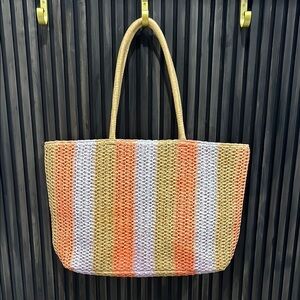 Striped Woven Tote Bag - Orange, White, Tan